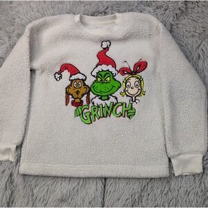 The Grinch Sweatshirt Girls 7 White Fluffy Embroidered Comfort Casual Cozy